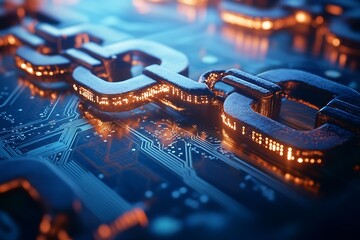 Fototapete - High-resolution detail of interconnected metallic chains on a glowing circuit board illustrating advanced digital technology : Generative AI