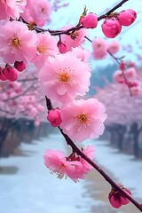 Poster - Stunning view of cherry blossoms in full bloom by the riverside : Generative AI