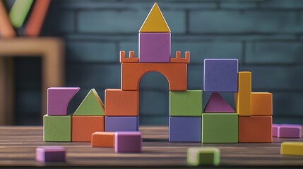 Poster - Colorful arrangement of building blocks showcasing a castle design with various geometric shapes on a wooden surface : Generative AI