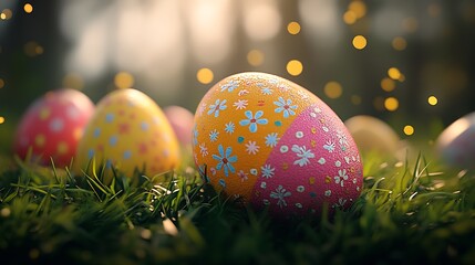 Poster - Close up of beautifully painted Easter eggs in vibrant colors on lush green grass : Generative AI
