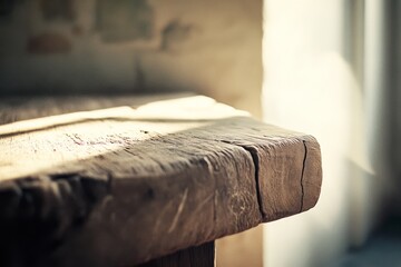 Wall Mural - Sunlight softly illuminates the edge of a rustic wooden table, capturing the warmth and texture of natural materials in a serene domestic setting.