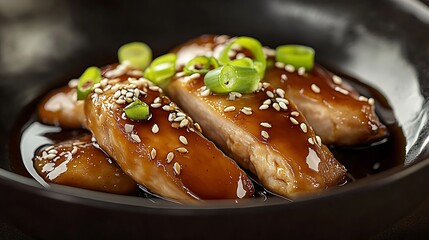 Aufkleber - Delicious chicken filet slices covered with sweet sauce and garnished with green onions on a plate : Generative AI