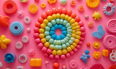 Poster - Colorful assortment of toys and objects displayed on a vibrant pink surface