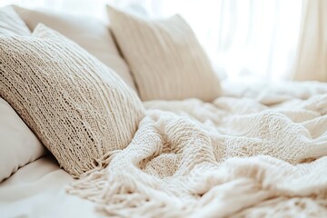 Poster - Cozy textured blankets and cushions arranged on a soft bed inviting relaxation and comfort : Generative AI