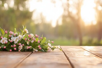 Wall Mural - Beautiful bouquet of flowers resting on wooden table, illuminated by soft sunlight in a serene outdoor setting, floral arrangement concept