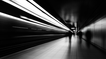 Poster - Blurry Abstract Scene of an Underground Train Station with Fast Moving Passengers and Light Trails Conveying Motion : Generative AI