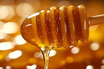 Poster - Delicious Golden Honey Slowly Dripping from a Honey Dipper with Warm Bokeh Light Effect : Generative AI