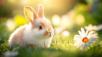 Poster - Charming little rabbit exploring a sunny garden filled with cheerful daisies and soft grass : Generative AI