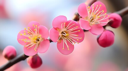 Poster - Beautiful close up of delicate pink plum blossoms showcasing nature's vibrant colors and intricate floral patterns : Generative AI