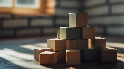 Leinwandbilder - Wooden building blocks arranged artistically in warm natural light indoors : Generative AI