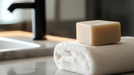 Poster - Elegant Natural Soap on a Plush Towel With Modern Bathroom Elements in Soft Lighting : Generative AI