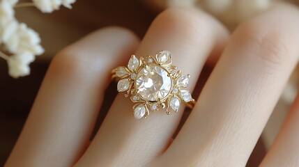 Aufkleber - Charming golden ring adorned with a large gemstone and delicate leaf accents, creating a luxurious and stylish appearance : Generative AI