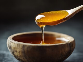Poster - Golden honey pouring from a wooden spoon into a rustic bowl on a dark surface : Generative AI
