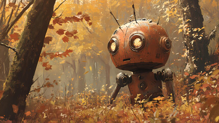 Wall Mural - Rusty robot in autumn woods: a whimsical journey into the heart of nature with a unique mechanical companion. Mechanical Forests. Illustration