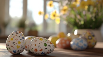 Poster - Festively decorated Easter eggs on a wooden table with bright flowers enhancing the spring vibe : Generative AI
