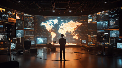 man in command center analyzing futuristic world map with data on massive digital screens