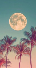 Wall Mural - Full moon rising over tropical beach palms at sunset