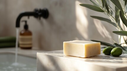 Poster - Luxurious Handmade Soap Bar with Olive Oil Resting Near Fresh Olives in Sunlit Bathroom : Generative AI