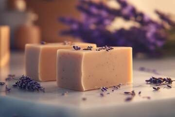 Aufkleber - Handcrafted lavender soap bars arranged on a marble table with delicate lavender petals scattered around : Generative AI