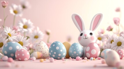 Poster - Charming Bunny Surrounded by Pastel Easter Eggs and Daisy Flowers on a Soft Pink Background : Generative AI