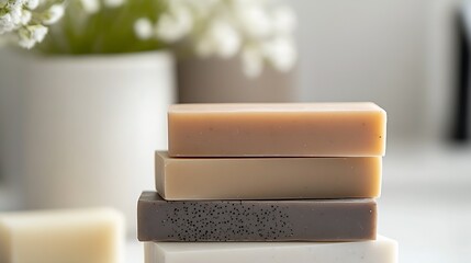 Aufkleber - Natural handmade soap bars stacked elegantly on a table with soft focus background : Generative AI