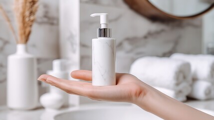 Poster - Chic marble bottle for skincare displayed elegantly in modern bathroom aesthetic : Generative AI
