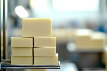 Poster - Neatly arranged bars of soap in a soft focus showcasing their creamy texture in a contemporary setting : Generative AI