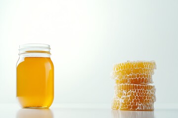 Poster - Freshly harvested honey in a jar accompanied by honeycombs highlighting nature's sweet offerings in sunlight : Generative AI