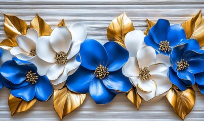 Poster - Elegant Blue and White Floral Wall Art with Golden Accents Displaying Beauty : Generative AI