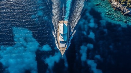 Poster - Dynamic Aerial Perspective of a Yacht Sailing in the Turquoise Waters of the Coastline : Generative AI
