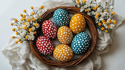 Poster - Colorful assortment of polka-dotted Easter eggs artistically arranged in a woven basket surrounded by flowers : Generative AI
