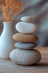 Poster - Stylish composition of stacked stones with gentle hues and dried floral accents in a vase : Generative AI