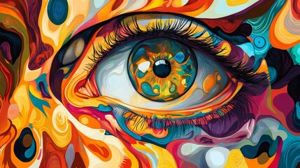 Wall Mural - colorful abstract representation of an eye reflecting vibrant artistic elements and swirling pattern