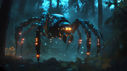 Wall Mural - A futuristic, mechanical spider with glowing lights, standing on a web in a dark forest. Mechanical Forests. Illustration