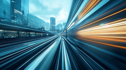 Poster - Fast Motion Blur of Train Tracks Leading Through a Bright Urban Landscape at Dusk : Generative AI