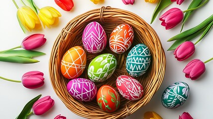 Poster - Beautifully Designed Easter Eggs in a Basket Surrounded by Bright Tulips : Generative AI