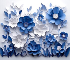 Aufkleber - An exquisite composition of blue and white paper flowers exemplifying decorative artistry for modern decor : Generative AI