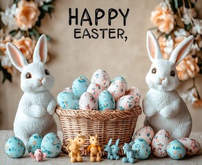 Aufkleber - Delightful Easter Arrangement with Playful Bunnies and Colorful Eggs Creatively Displayed : Generative AI