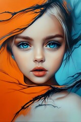 Poster - Striking Portrait of Young Girl with Blue Eyes Framed by Vibrant Orange and Black Design : Generative AI