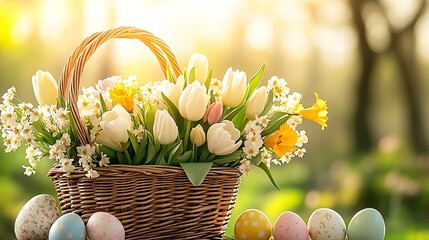 Poster - Charming Easter Basket Filled with Fresh Flowers and Colorful Eggs in Natural Light : Generative AI