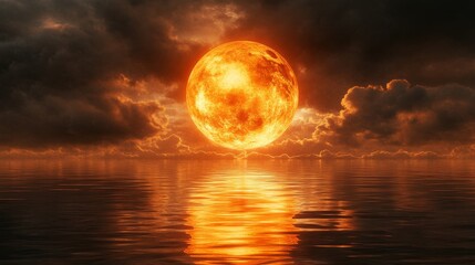 Wall Mural - fiery moon illuminates the horizon above the calm ocean surface