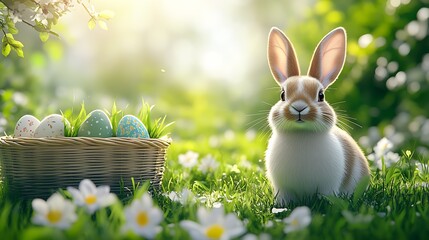 Poster - Adorable rabbit sitting in a vibrant garden with basket of decorated easter eggs : Generative AI