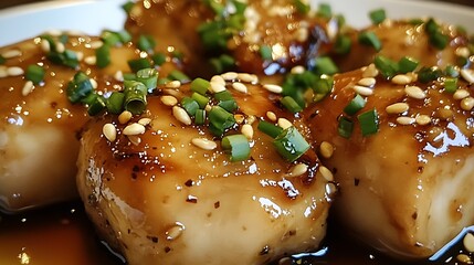 Aufkleber - Mouthwatering savory fish delicacies served fresh with sesame seeds and vibrant green onions on top : Generative AI