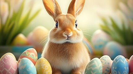 Poster - Sweet fluffy bunny surrounded by an array of intricately decorated Easter eggs in a lush setting : Generative AI