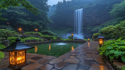 Wall Mural - Tranquil Japanese Garden Scene with Waterfall and Stone Pathway Illuminated by Lanterns Amidst Lush Greenery Creating a Serene and Peaceful Atmosphere at Dusk