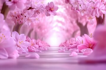 Wall Mural - Cherry blossom trees lining a serene pathway, pink petals scattered, creating a tranquil atmosphere, spring beauty concept