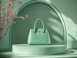 Poster - Chic mint green handbag placed on a round platform with delicate flowers enhancing the backdrop and ambiance : Generative AI