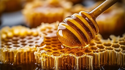 Wall Mural - Golden honey dripping from a wooden dipper over fresh honeycomb showcasing natural sweetness and richness : Generative AI