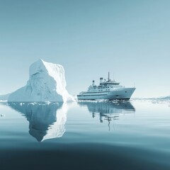 Poster - Cruise ship navigating icy waters near a large iceberg in a serene polar landscape during twilight hours. Generative AI