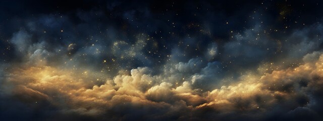Wall Mural - mysterious dark starry night sky with dramatic storm clouds and golden light. fantasy art for astrol